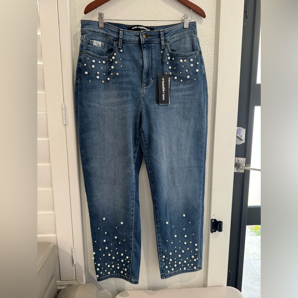 Karl Lagerfeld Blue Pearl-Studded Women's Cropped Jeans